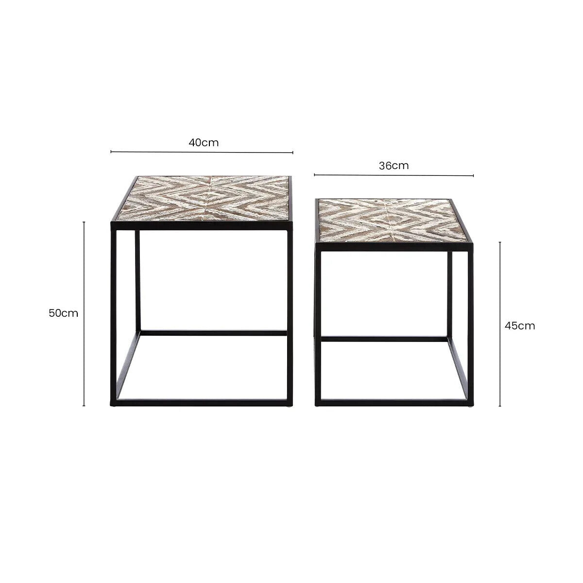 Set of 2 Natural Wood Geometric Top Side Tables with Black Metal Frame, Lombok