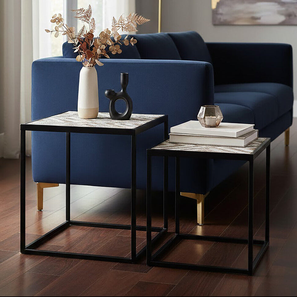 Set of 2 Natural Wood Geometric Top Side Tables with Black Metal Frame, Lombok
