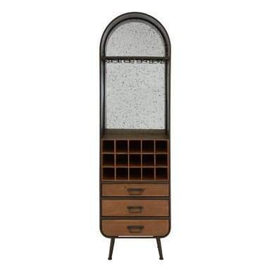 Tall wooden cabinet with a speckled mirror on a white background