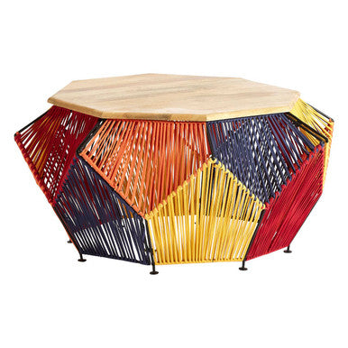 Geometrically shaped table with colorful woven design on a white background
