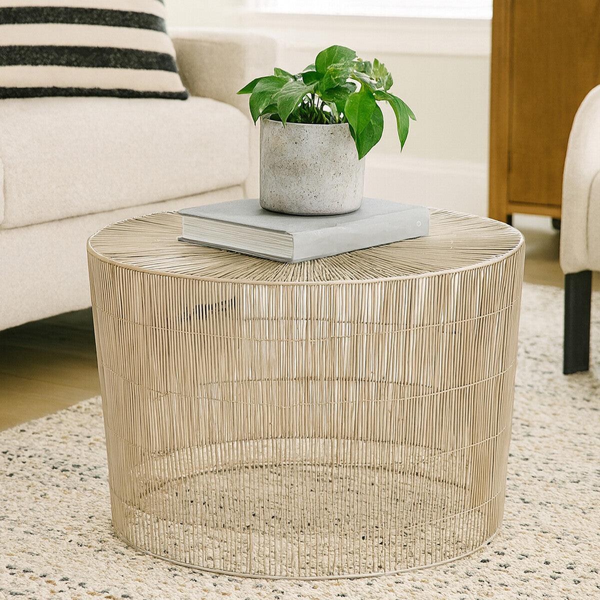 Silver Pewter-Finish Round Cage Side Table with Concentric Circle Design, Templar