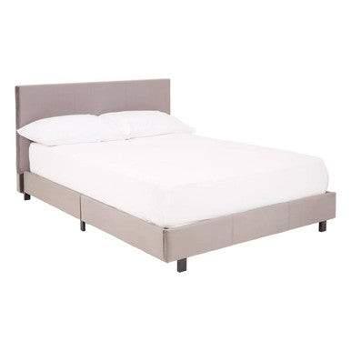Bed with beige headboard and white bedding on a white background
