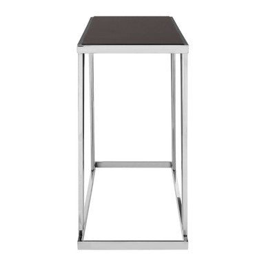 Black Tempered Glass Top Console Table with Reflective Chrome Silver Steel Base, Ackley