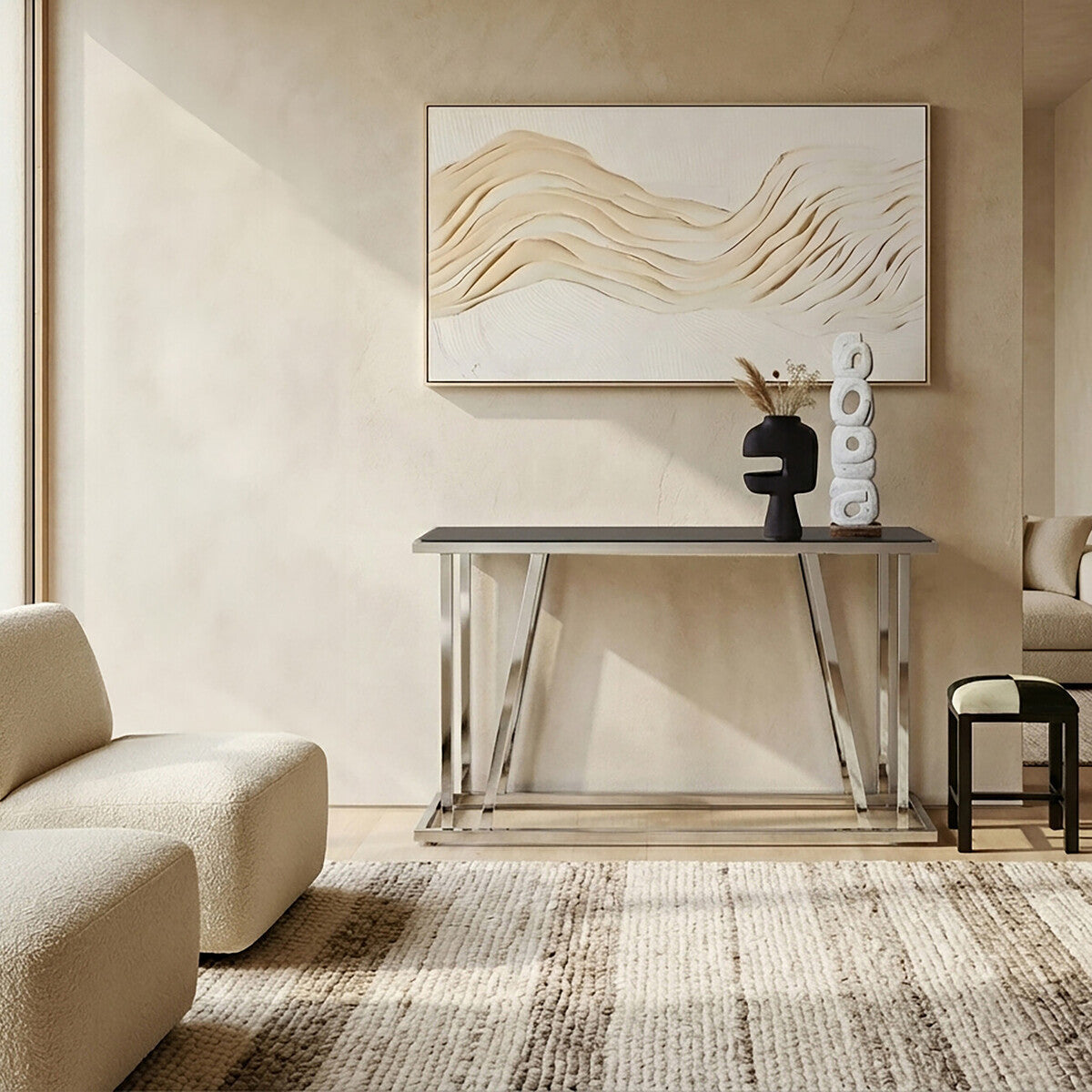 Ackley Silver Console Table With Black Glass