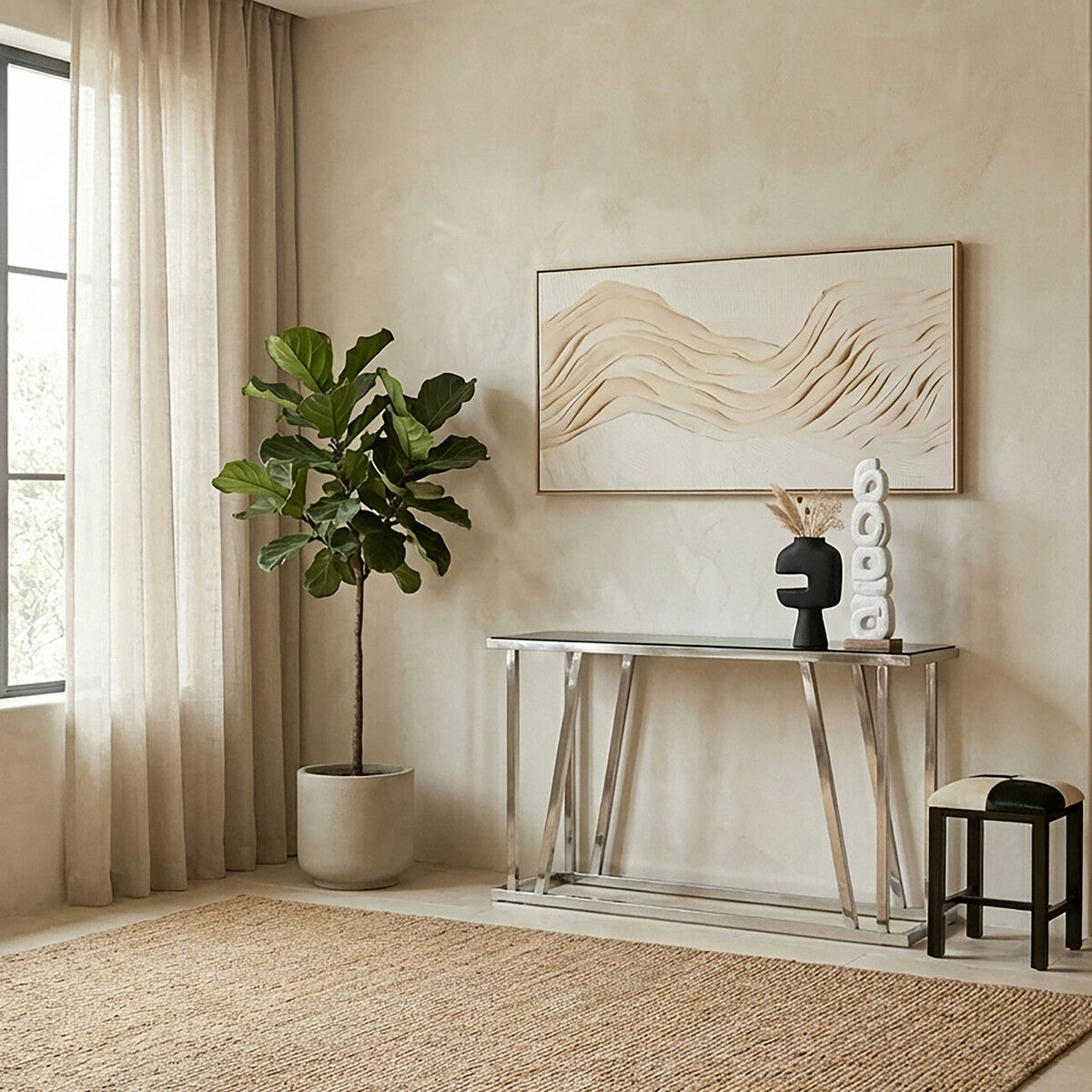 Ackley Silver Console Table With Black Glass