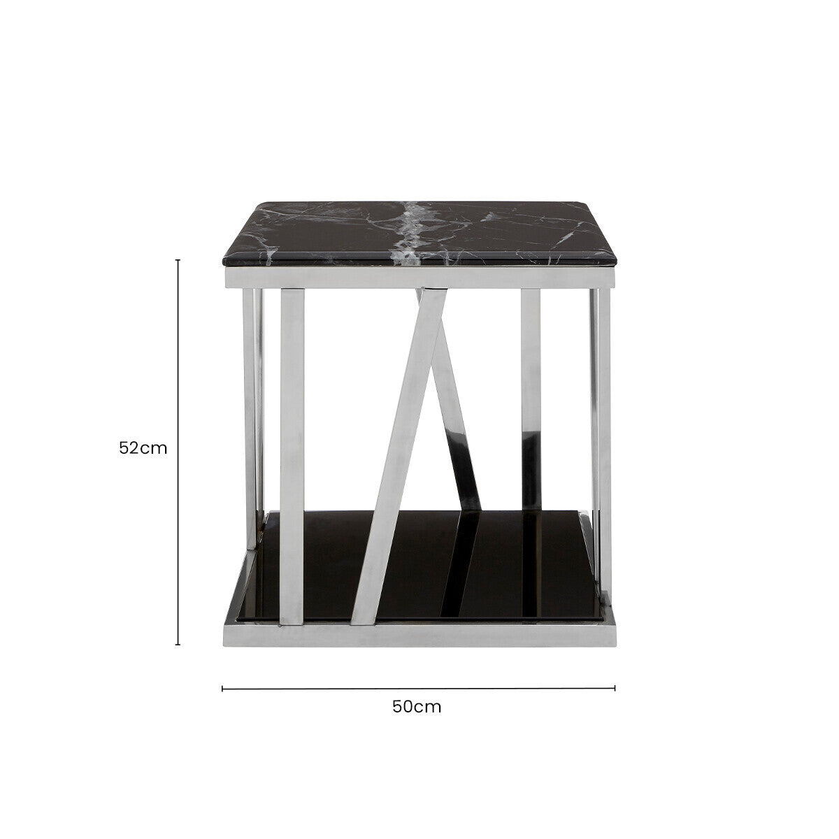 Black Marble Top Side Table with Silver Reflective Stainless Steel Base | Ackley