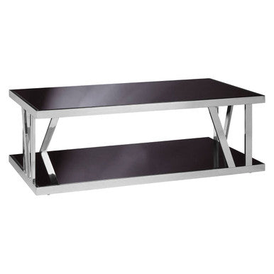 Coffee table with black glass top and chrome metal frame on a white background
