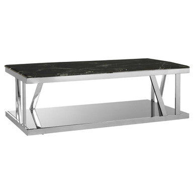 Coffee table with black marble top and chrome base on a white background