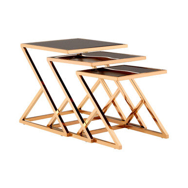 Ackley Rose Gold Finish Set Of 3 Nesting Tables With Black Glass