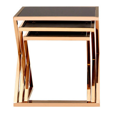 Ackley Rose Gold Finish Set Of 3 Nesting Tables With Black Glass