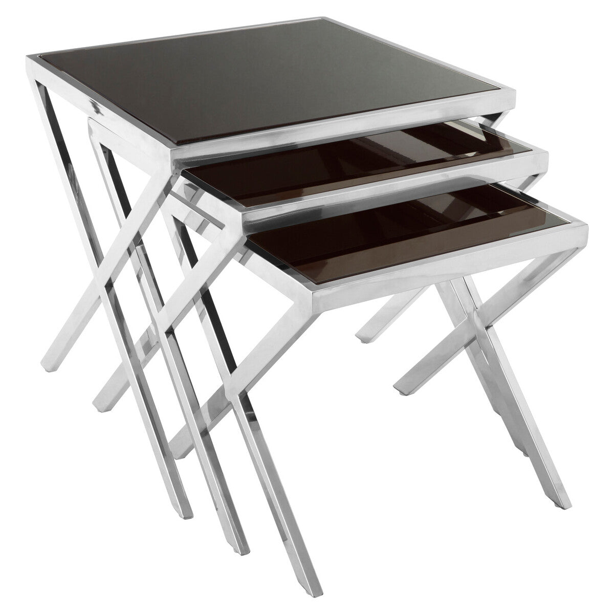 Set of three nesting tables with black glass tops and chrome frames on a white background
