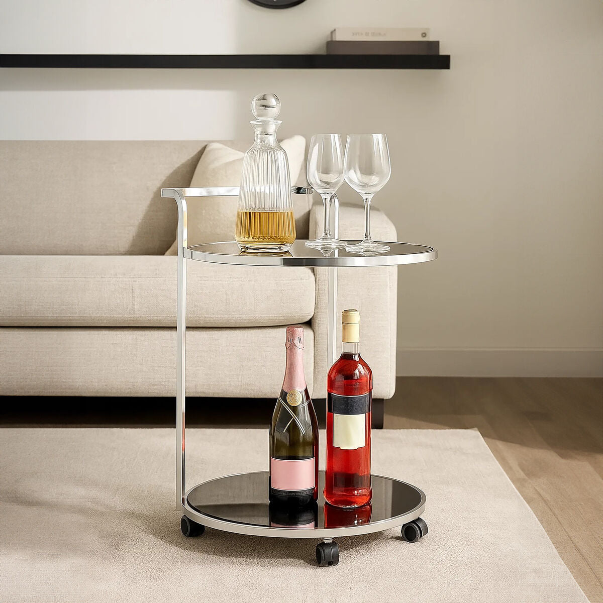 Bar cart with wine bottles and glasses in a living room setting