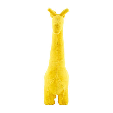 Yellow stuffed giraffe toy on a white background