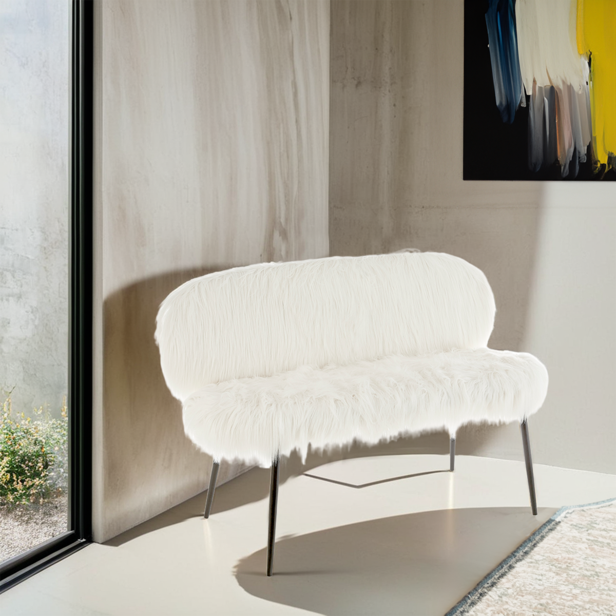 White furry chair in a modern room with a large window