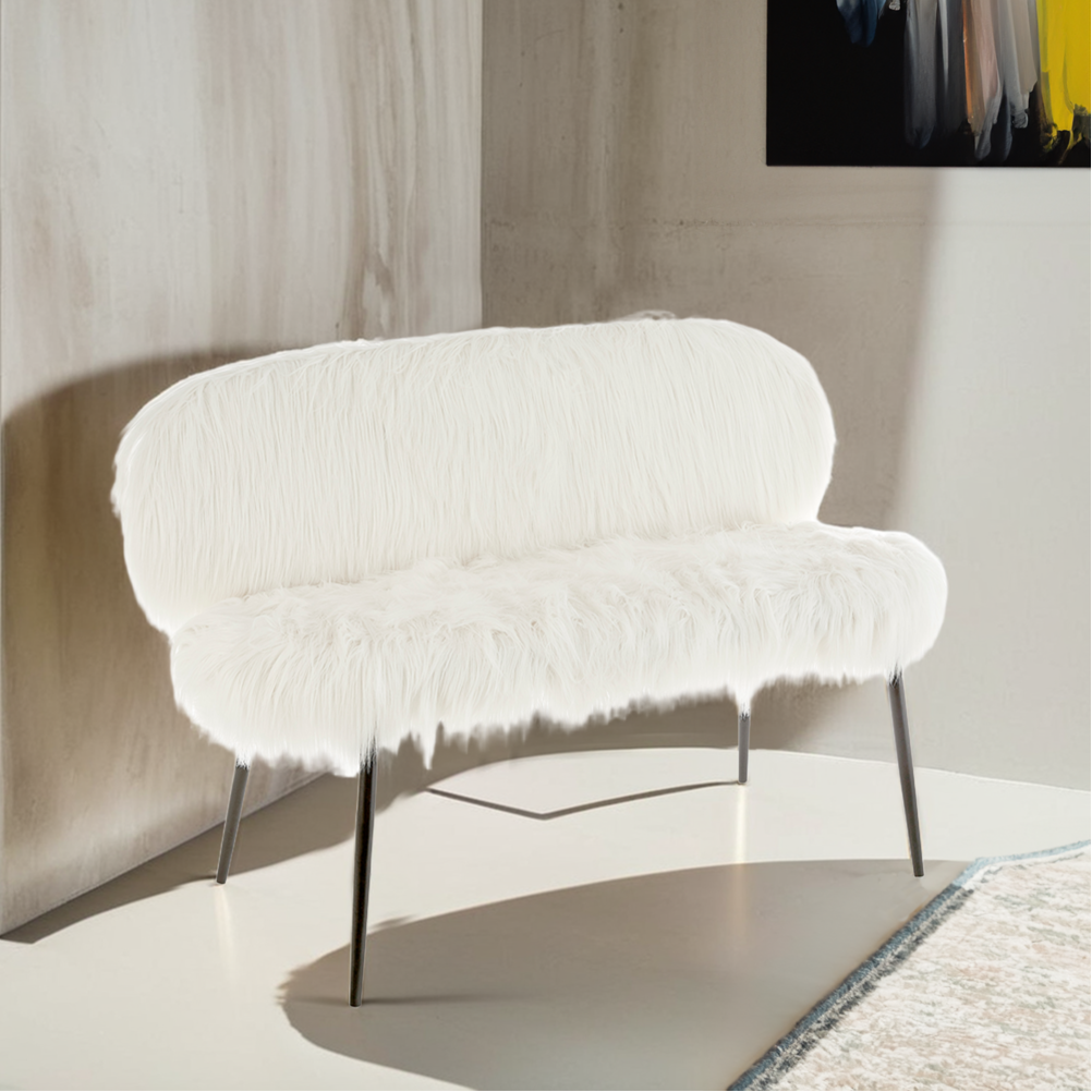 White furry chair in a modern room with a large window