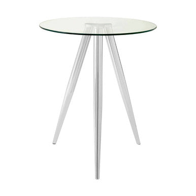 Round glass table with white metal legs on a white background