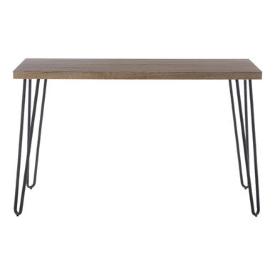 Wooden table with metal hairpin legs on a white background