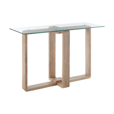 Console table with glass top and wooden base on a white background