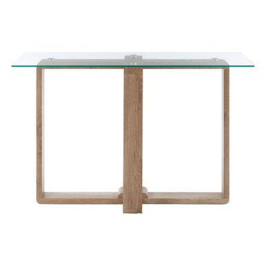 Console table with glass top and wooden frame on a white background