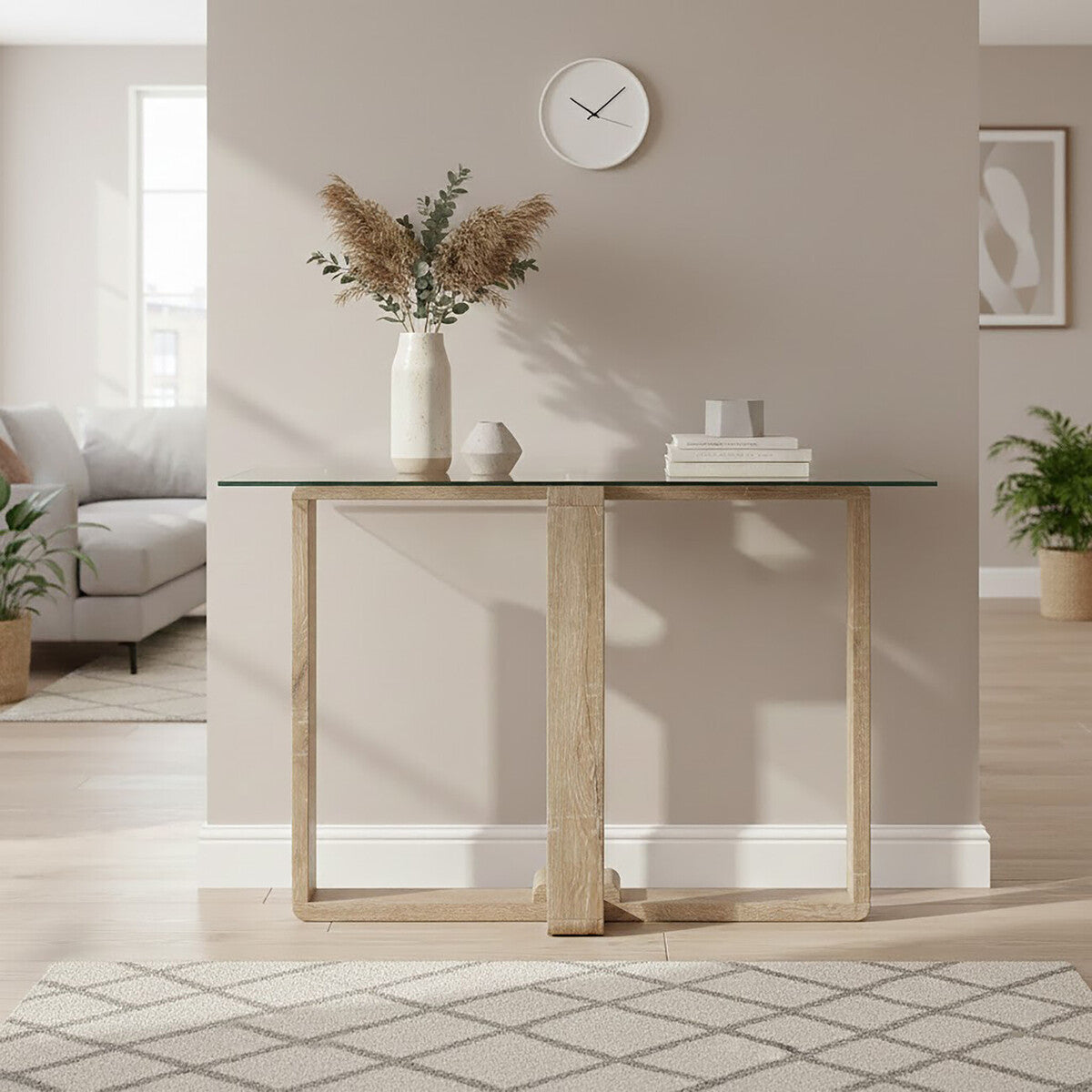 Barton Glass Console Table with Wood Effect Legs