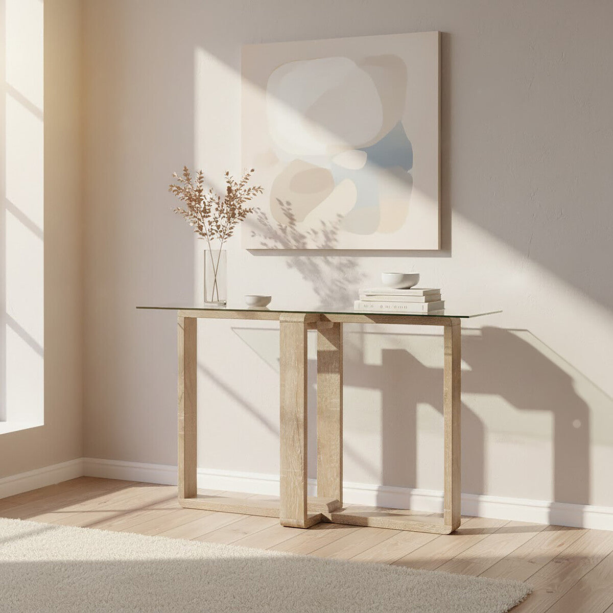Barton Glass Console Table with Wood Effect Legs