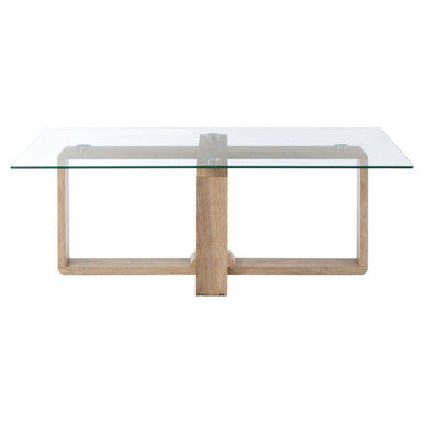 Glass-top coffee table with wooden frame on a white background