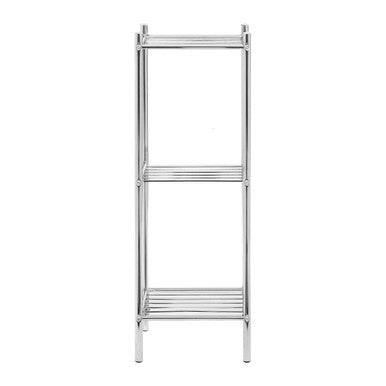Metal towel rack with three shelves on a white background