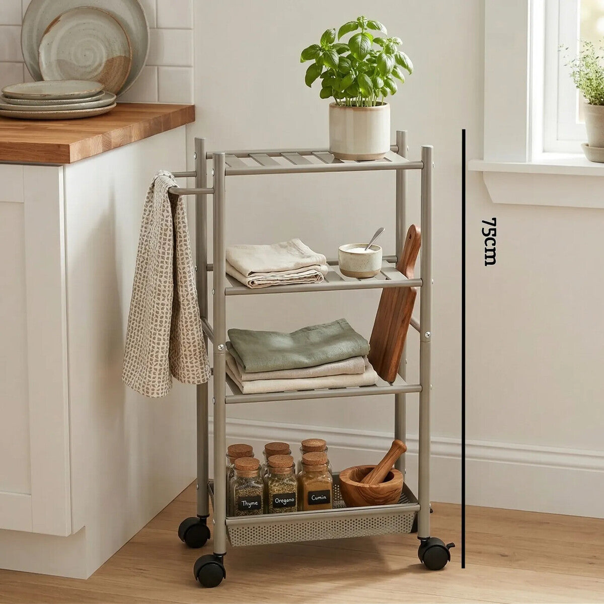 Dara 4 Tier Silver Metal Trolley with Basket