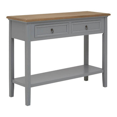 Natural Wooden Top and Grey Wooden Frame Console Table with 2 Drawers and Metal Ring Handles, Henley