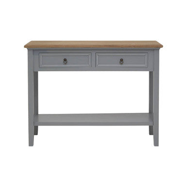 Gray console table with wooden top on a white background
