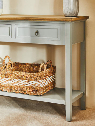Natural Wooden Top and Grey Wooden Frame Console Table with 2 Drawers and Metal Ring Handles, Henley