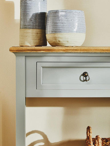 Natural Wooden Top and Grey Wooden Frame Console Table with 2 Drawers and Metal Ring Handles, Henley