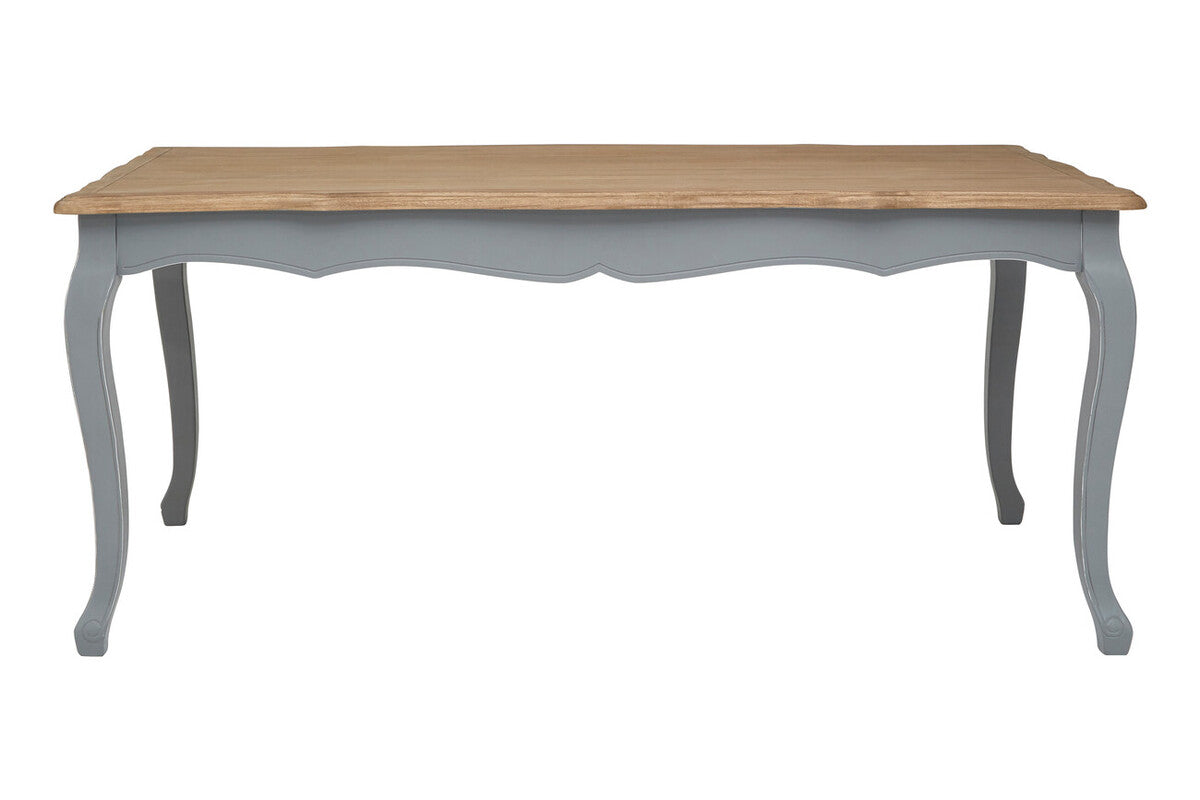 Dining table with wooden top and gray base on a white background