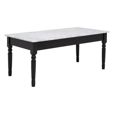 Black dining table with white marble top on a white background