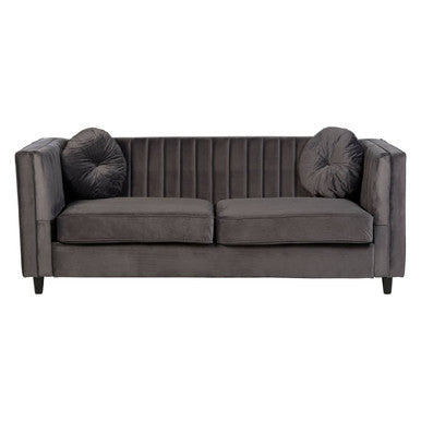 Gray sofa with tufted backrests on a white background
