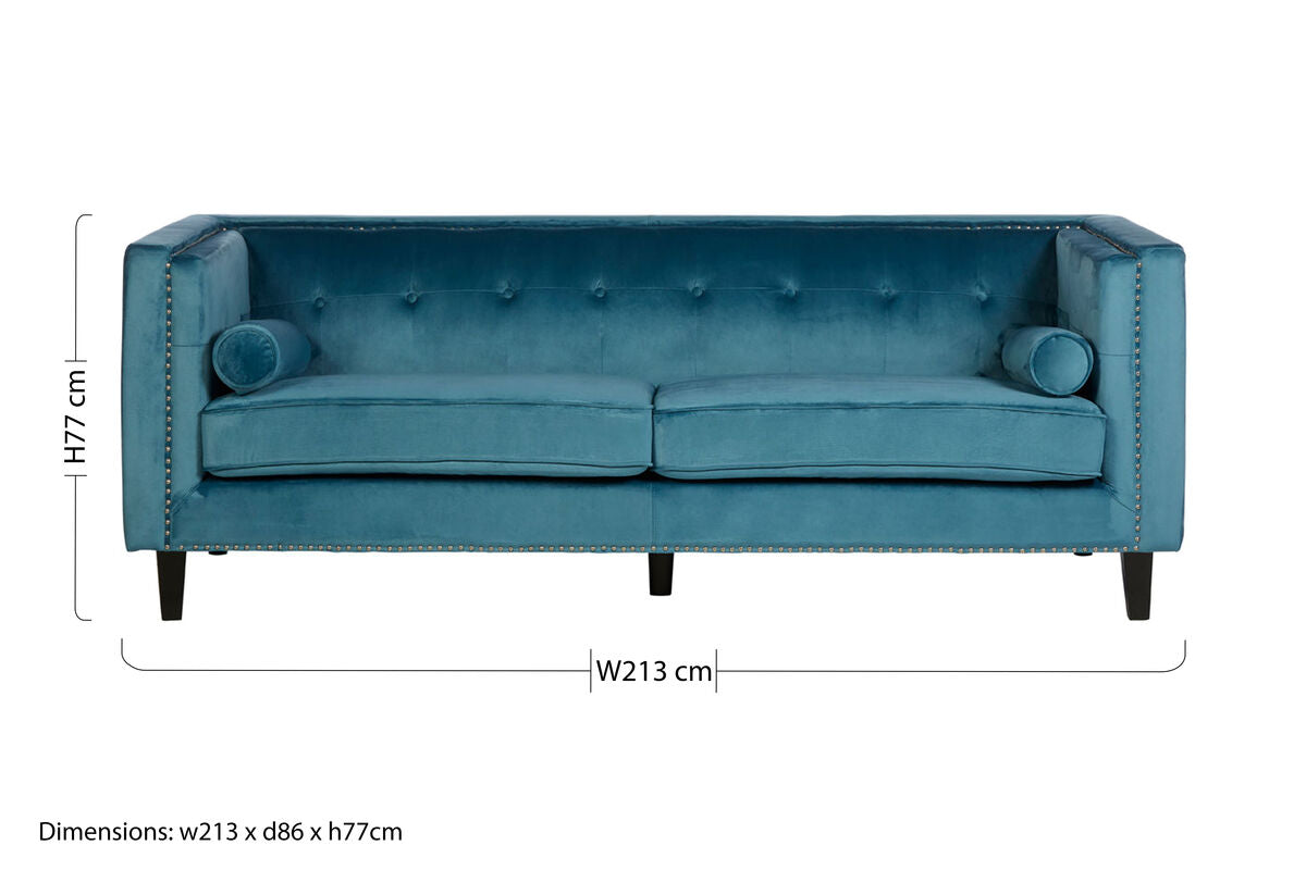 3 Seater Teal Blue Velvet Sofa, Felisa