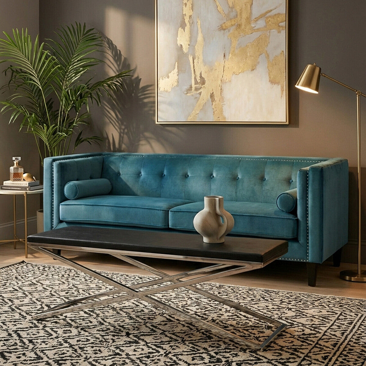 3 Seater Teal Blue Velvet Sofa, Felisa