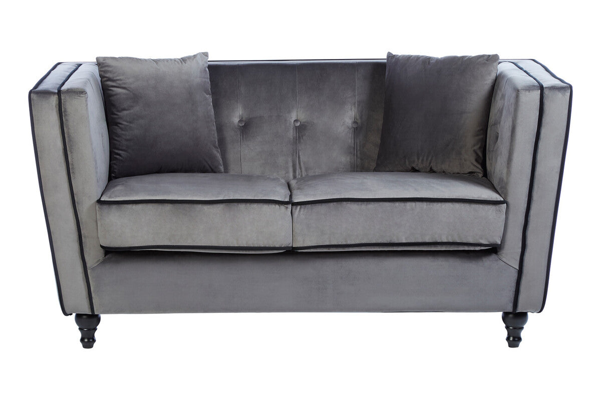 Gray sofa with tufted backrest on a white background