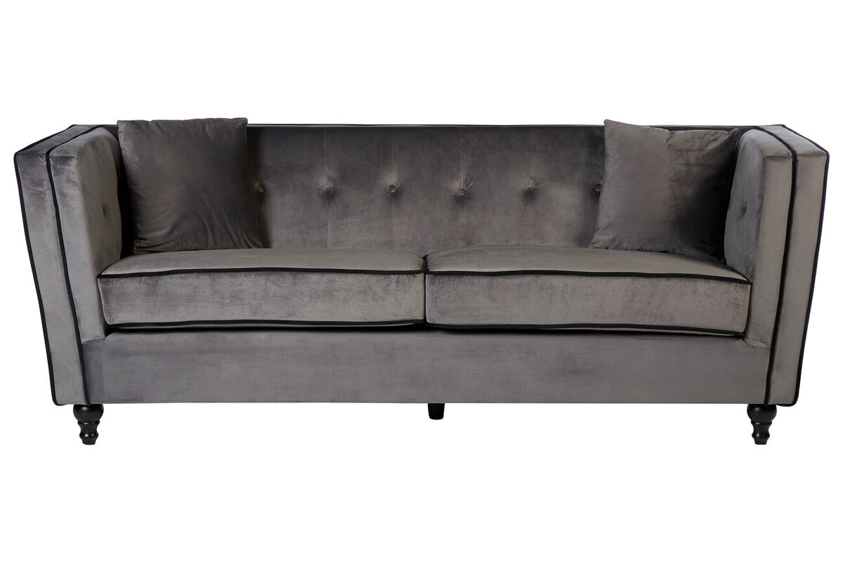 Gray sofa with tufted backrest on a white background