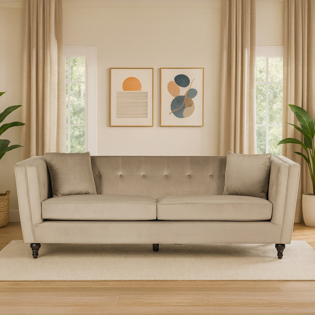 Beige sofa in a living room with framed artwork on the wall.