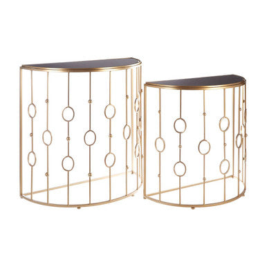 Set of 2 Art Deco Black Glass Tops Console Tables with Gold Slim Vertical Lines Frame, Faiza