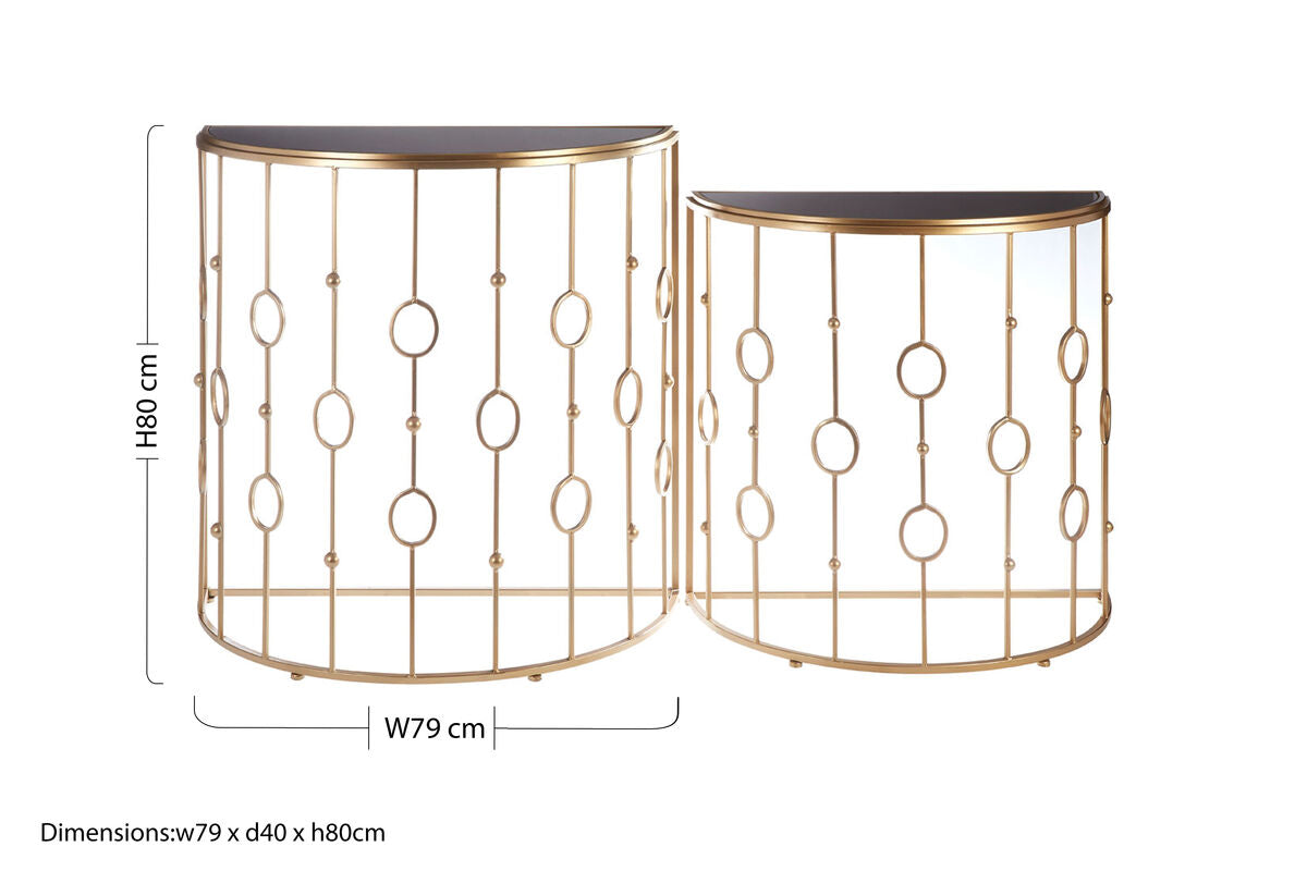 Set of 2 Art Deco Black Glass Tops Console Tables with Gold Slim Vertical Lines Frame, Faiza