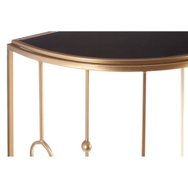 Set of 2 Art Deco Black Glass Tops Console Tables with Gold Slim Vertical Lines Frame, Faiza