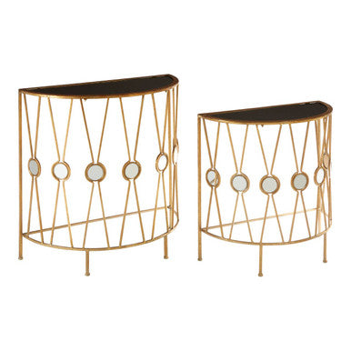 Set of 2 Black Glass Tops Console Tables with Gold Finish Cross Frame, Faiza