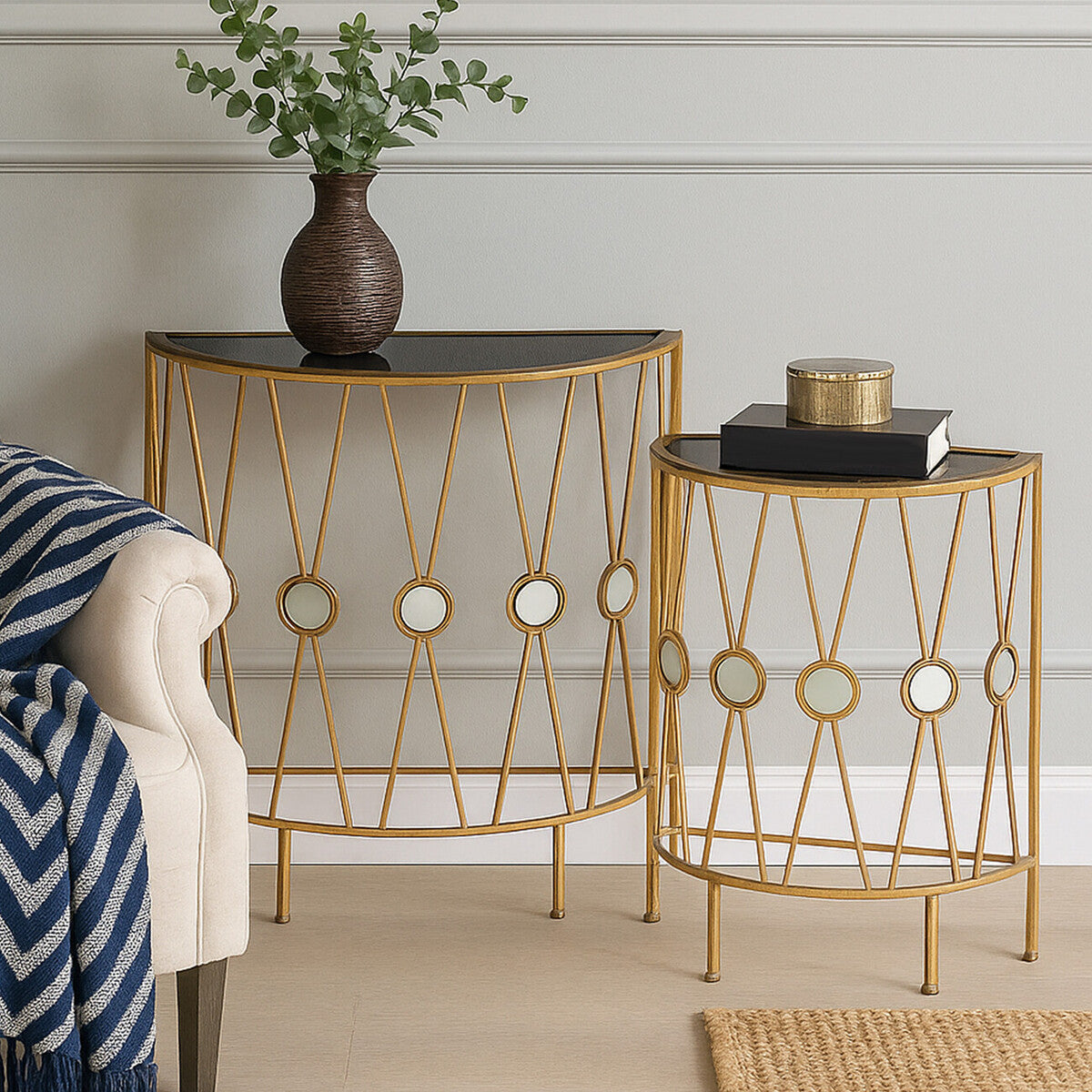 Set of 2 Black Glass Tops Console Tables with Gold Finish Cross Frame, Faiza