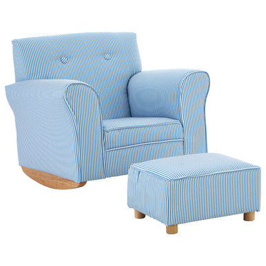 Blue striped armchair with matching ottoman on a white background