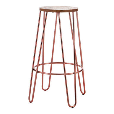 Bar stool with wooden seat and copper metal frame on a white background