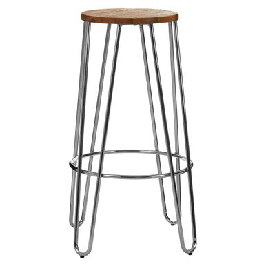 Bar stool with wooden seat and metal frame on a white background