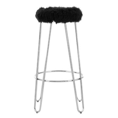 Bar stool with black fur cushion and metal frame on a white background