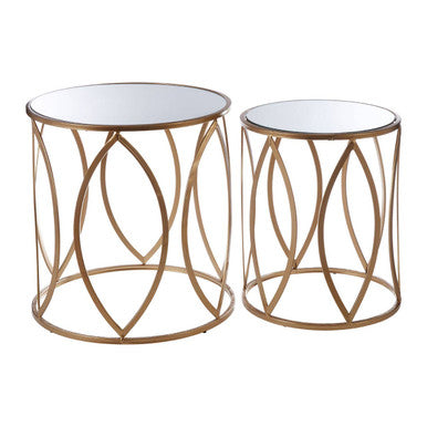 Set of 2 Gold Finish Metal Frame and Mirrored Top Side Tables, Arcana